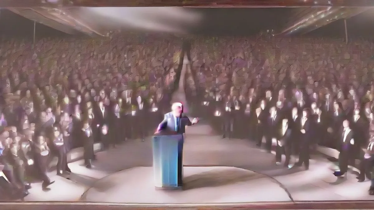 Donald Trump speaking at a political podium under auditorium stage lights.