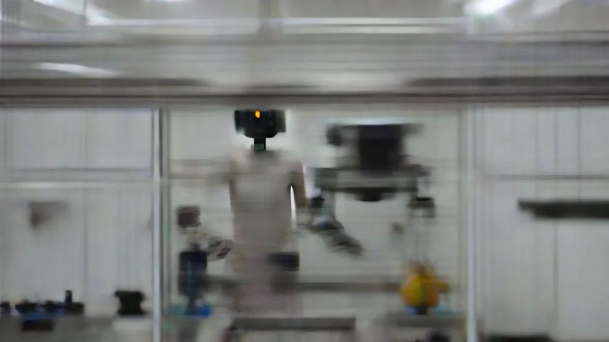 A minimalist bipedal service robot prototype under development on a workbench in a robotics lab.