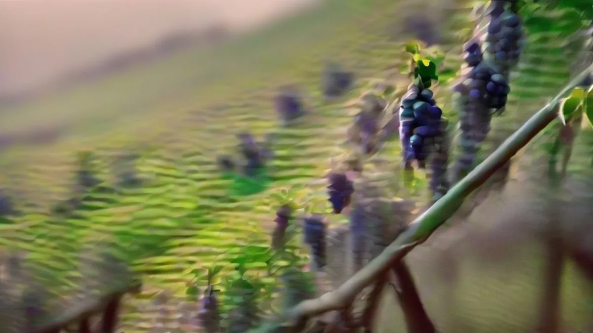 Clusters of ripe dark red wine grapes on the vine in a hillside vineyard during late afternoon