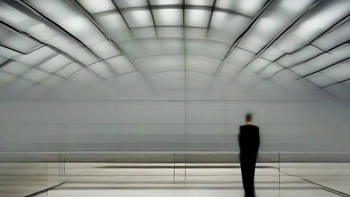 Executive standing near panoramic office window overlooking a European financial district