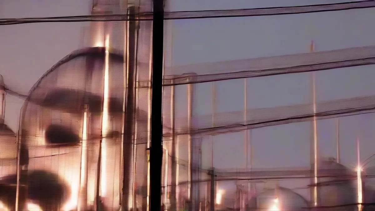 Large oil refining facility with metal storage tanks and distillation towers at twilight