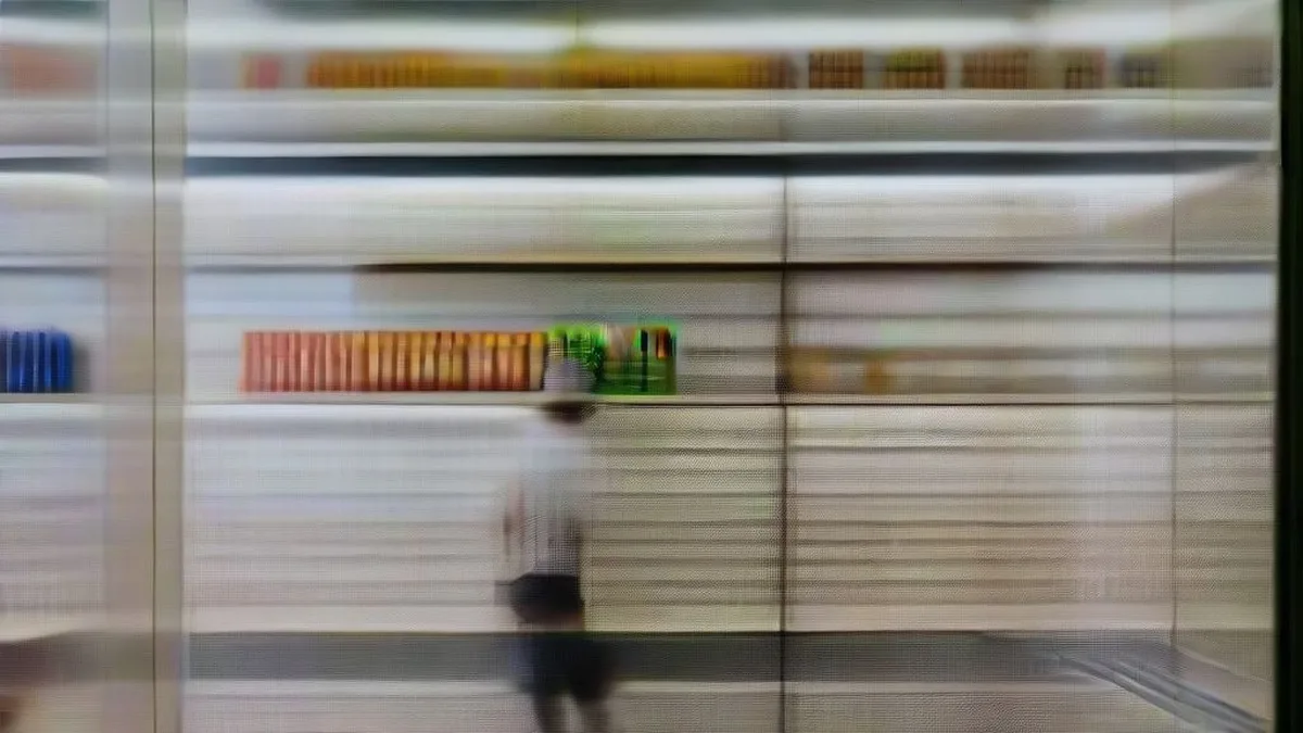 Shoppers in a well-stocked grocery store aisle selecting personal care items