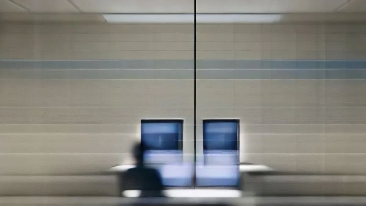 A security operations analyst working at dual monitor computer terminals inside an enterprise financial institution.