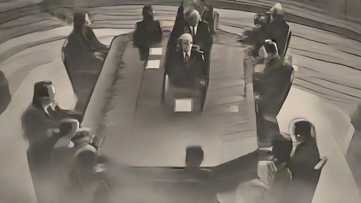 Diplomatic delegates in formal suits conferring around a polished mahogany conference table during international negotiations.