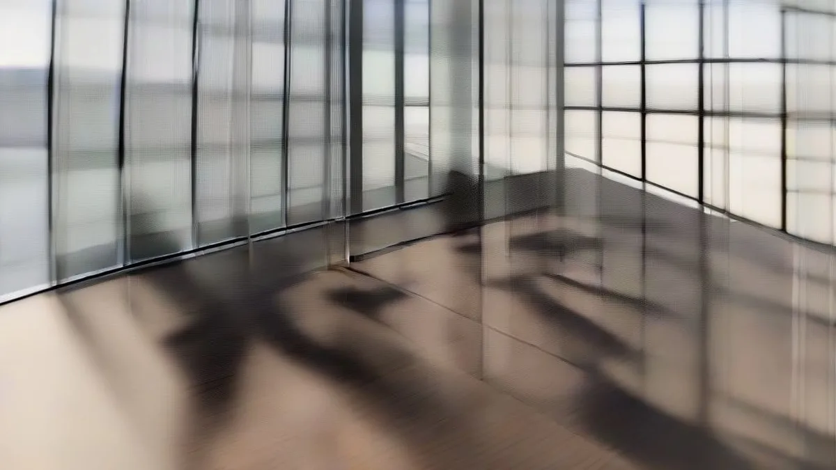 Empty high-rise corporate boardroom overlooking an urban cityscape