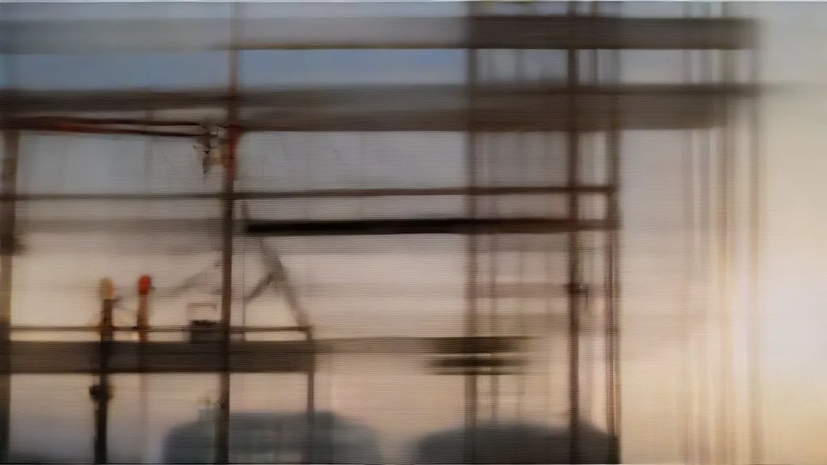 A massive industrial construction site at golden hour with cranes and structural framework