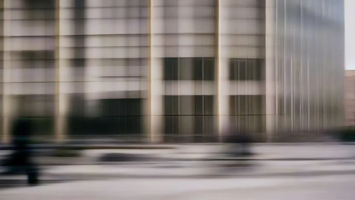 Commuters walk along a city sidewalk outside financial office buildings during morning business hours