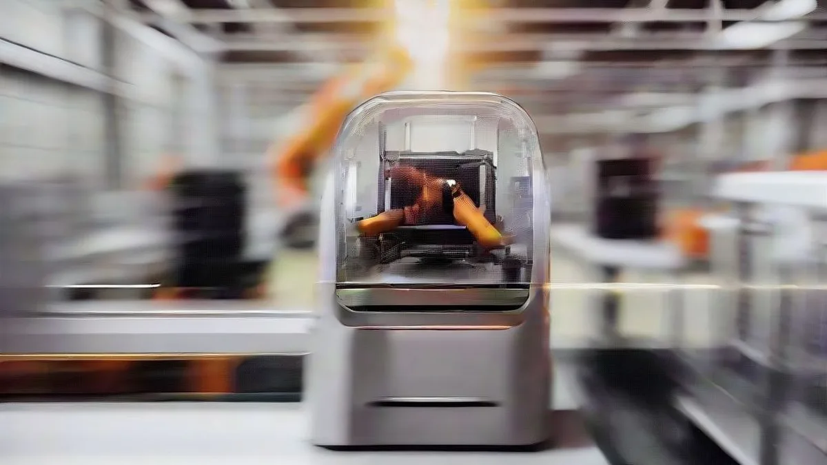 Industrial technician working beside robotic machinery in a contemporary American manufacturing plant