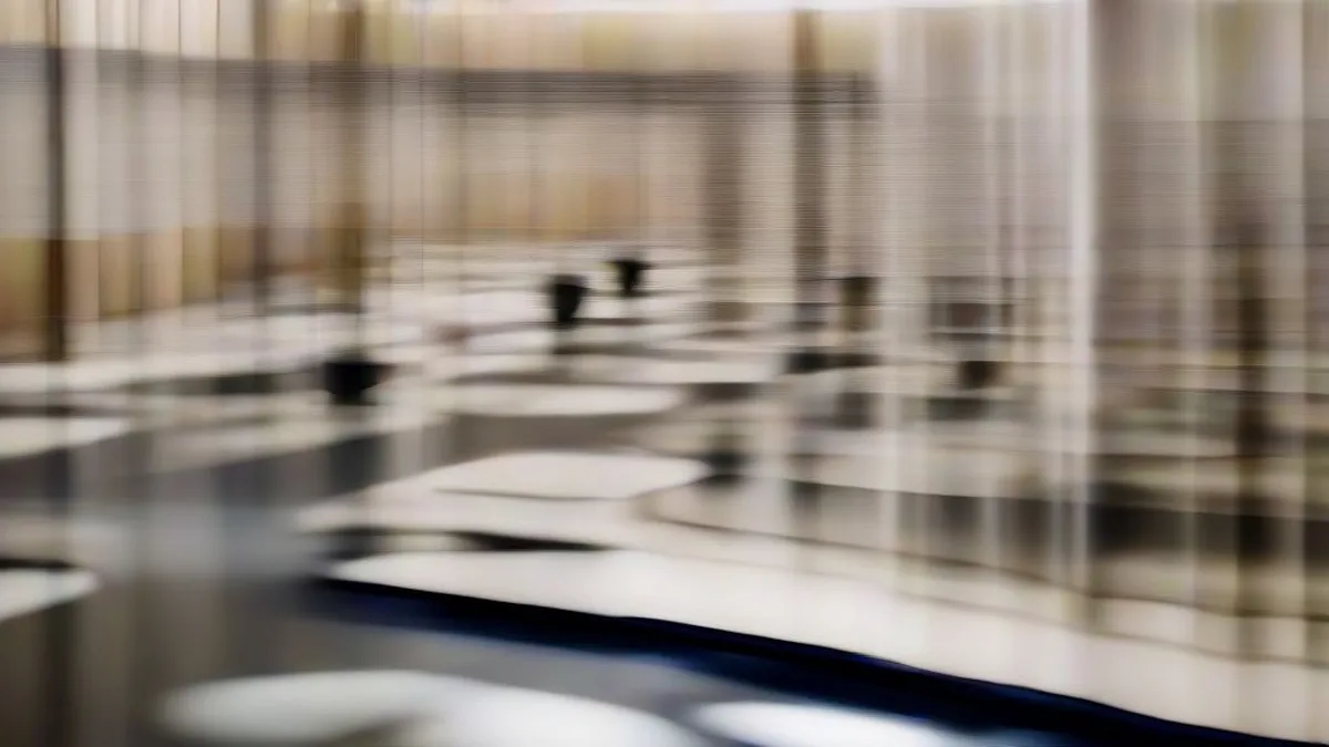 Diplomatic official walking down a modern government corridor with daylight