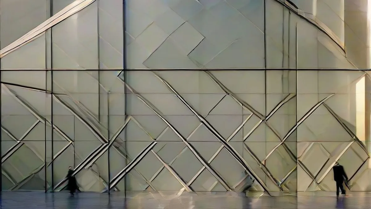 Financial district street scene with pedestrians walking outside modern glass corporate offices in natural sunlight