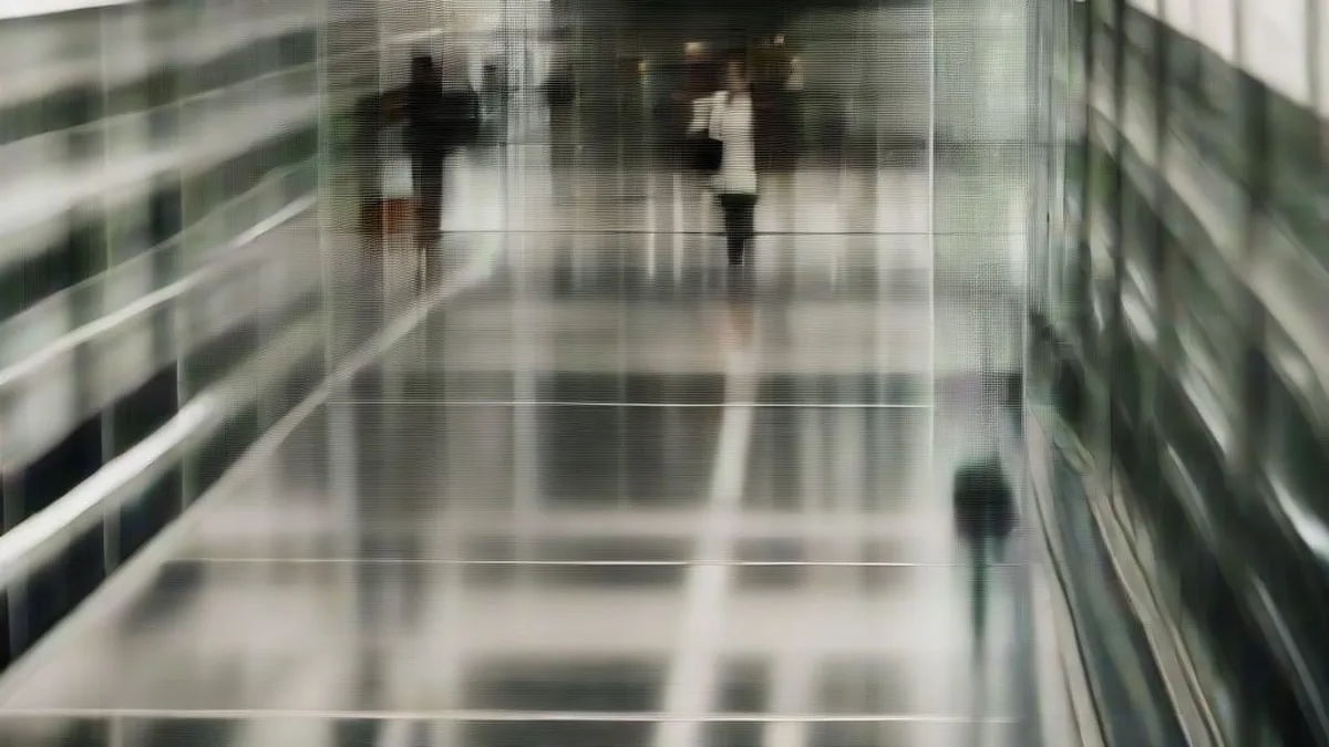 Travelers walking through a modern airport departure terminal under high ceilings and natural lighting.