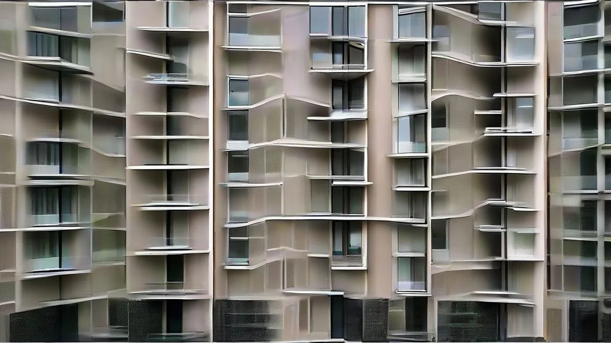 Exterior view of modern German residential apartment buildings under an overcast sky.