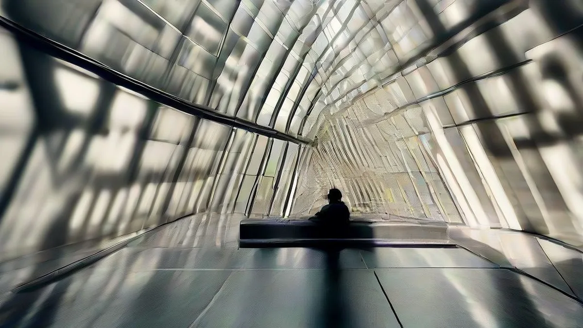 A business executive seated at a glass conference table in an urban financial center high-rise.