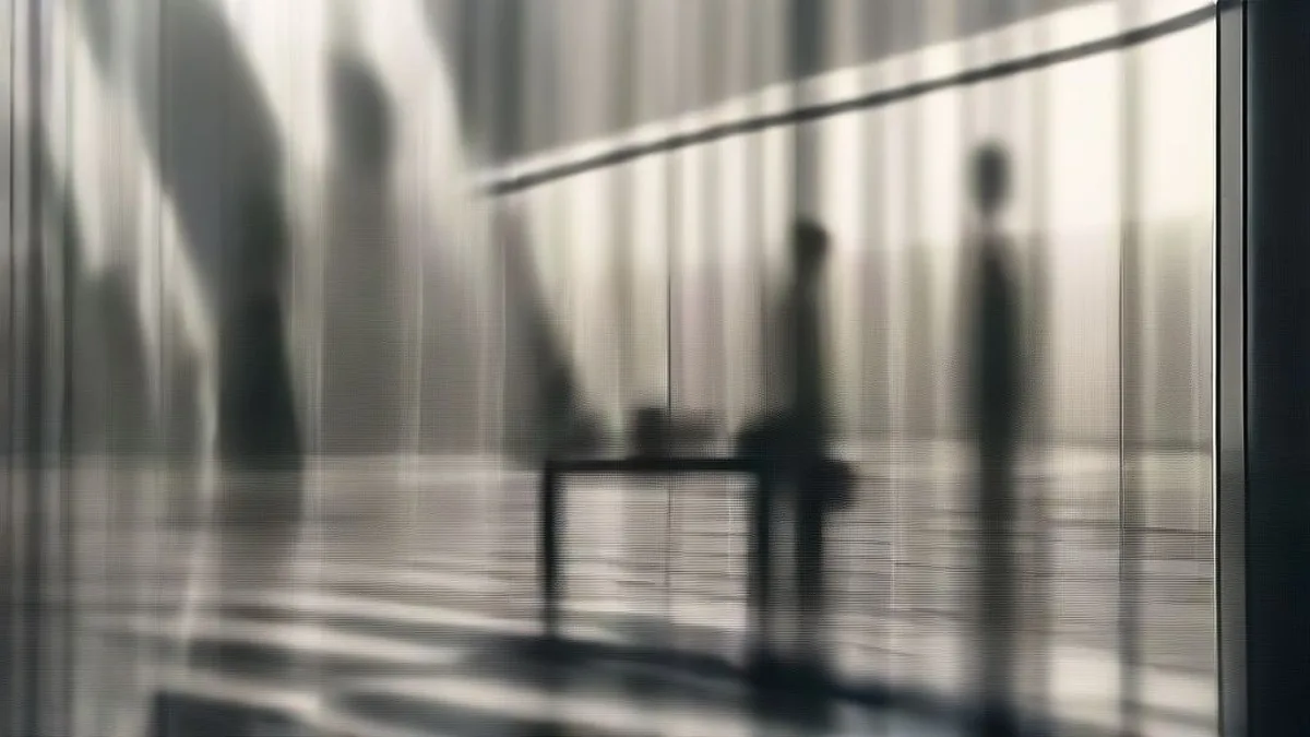 Executives in business suits gathered around a large boardroom conference table overlooking city skyscrapers