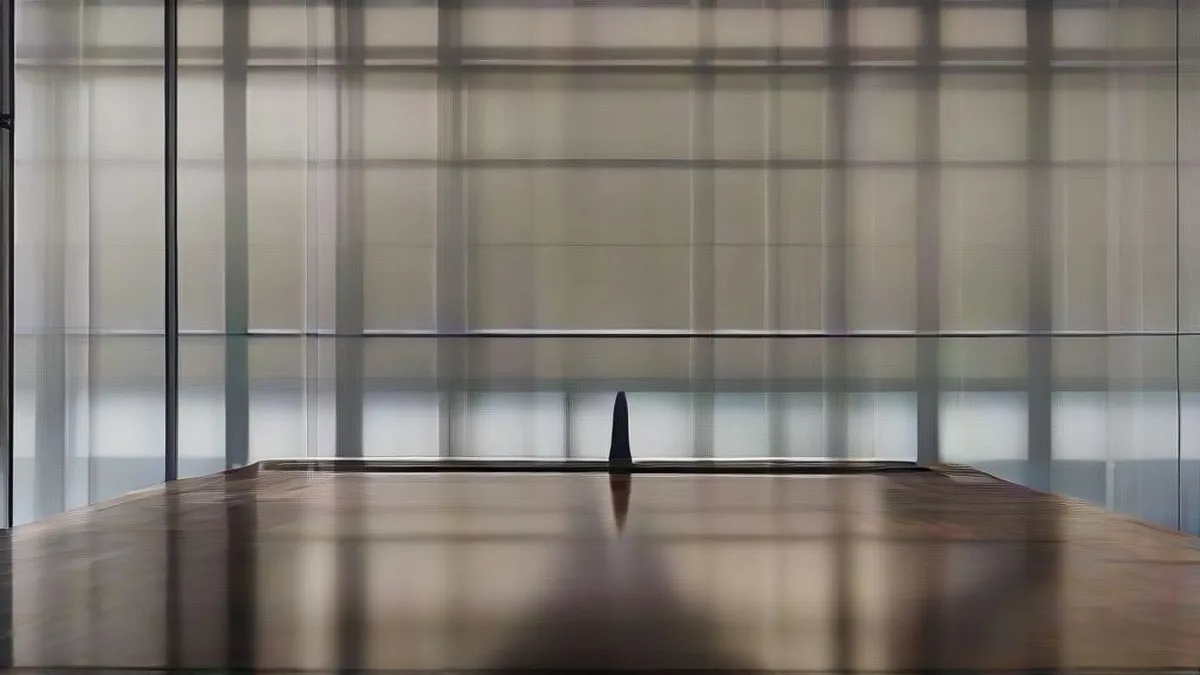 Corporate professionals conferring inside a modern high-rise boardroom overlooking the city skyline