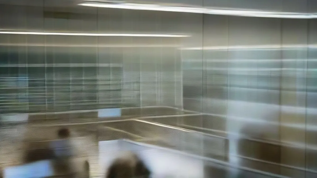 Financial analyst looking across an active corporate trading floor
