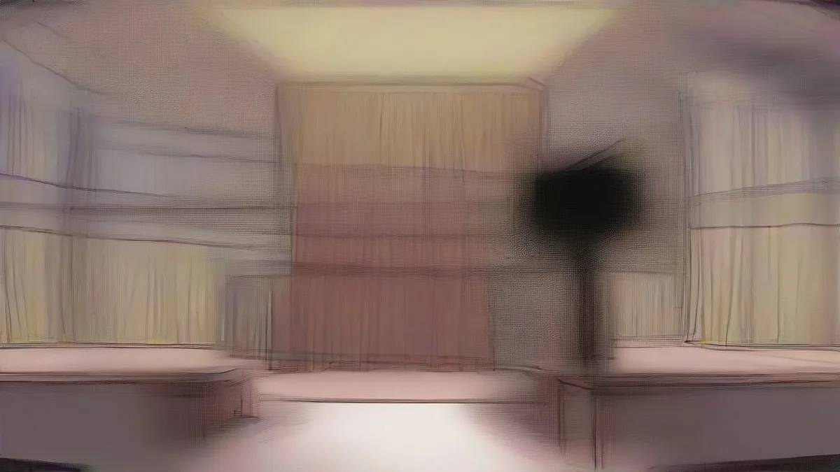 A formal government press briefing auditorium with an empty mahogany lectern under stage spotlights.