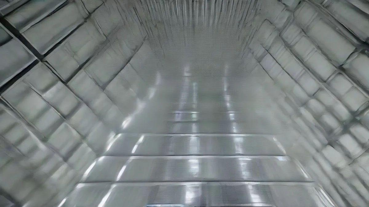 Stacks of industrial aluminum ingots in a warehouse setting within an aluminum manufacturing plant