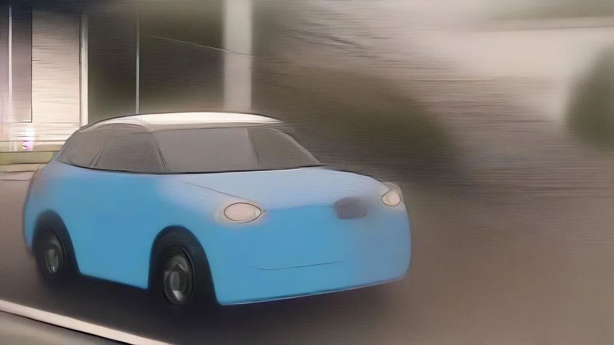 An electric car parked in a driveway at dusk with its charging port flap open.
