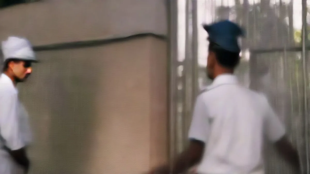Police officers standing outside a public gate during an investigation