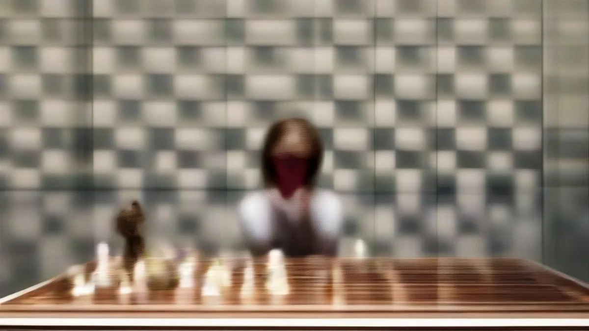 A female chess competitor concentrating intently at a tournament chess table