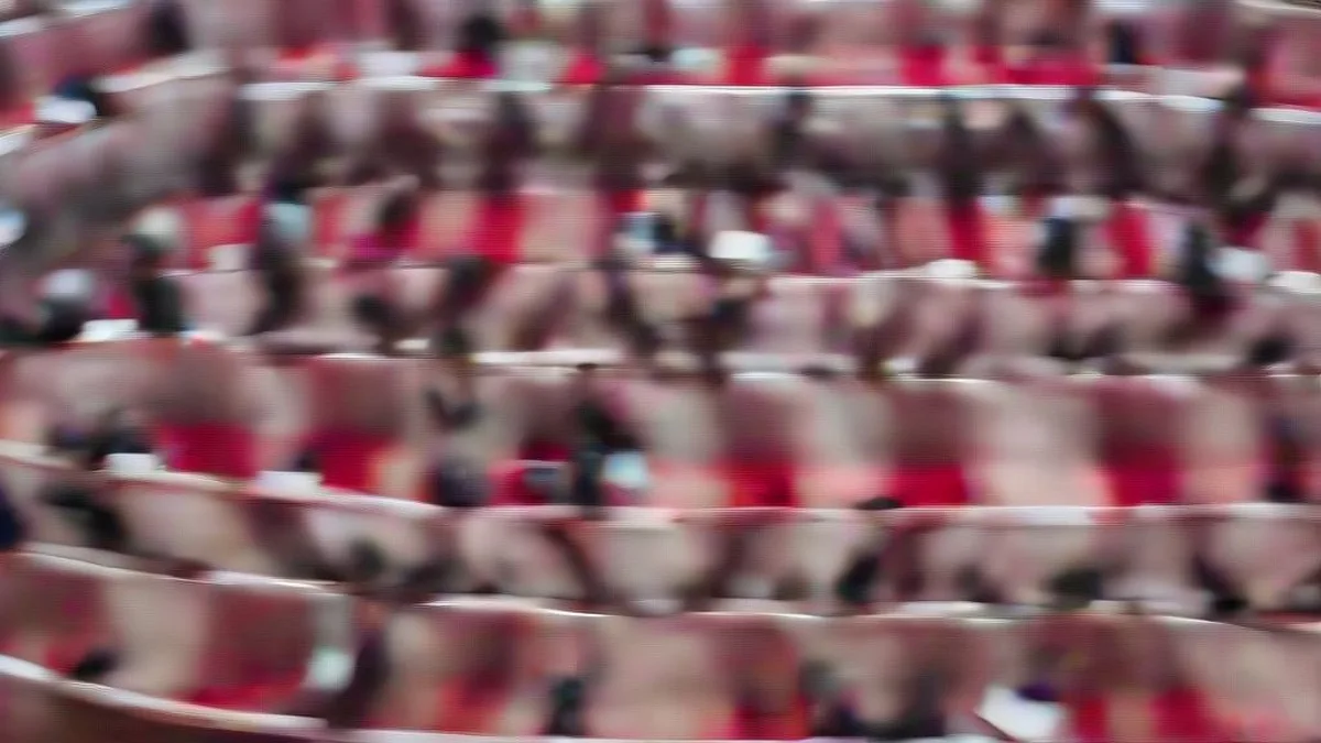 Delegates seated at long conference tables inside a grand political auditorium in Beijing